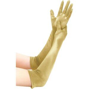 Women's Smooth Dark Gold Long Satin Gloves Elbow Length Party Costume Accessory